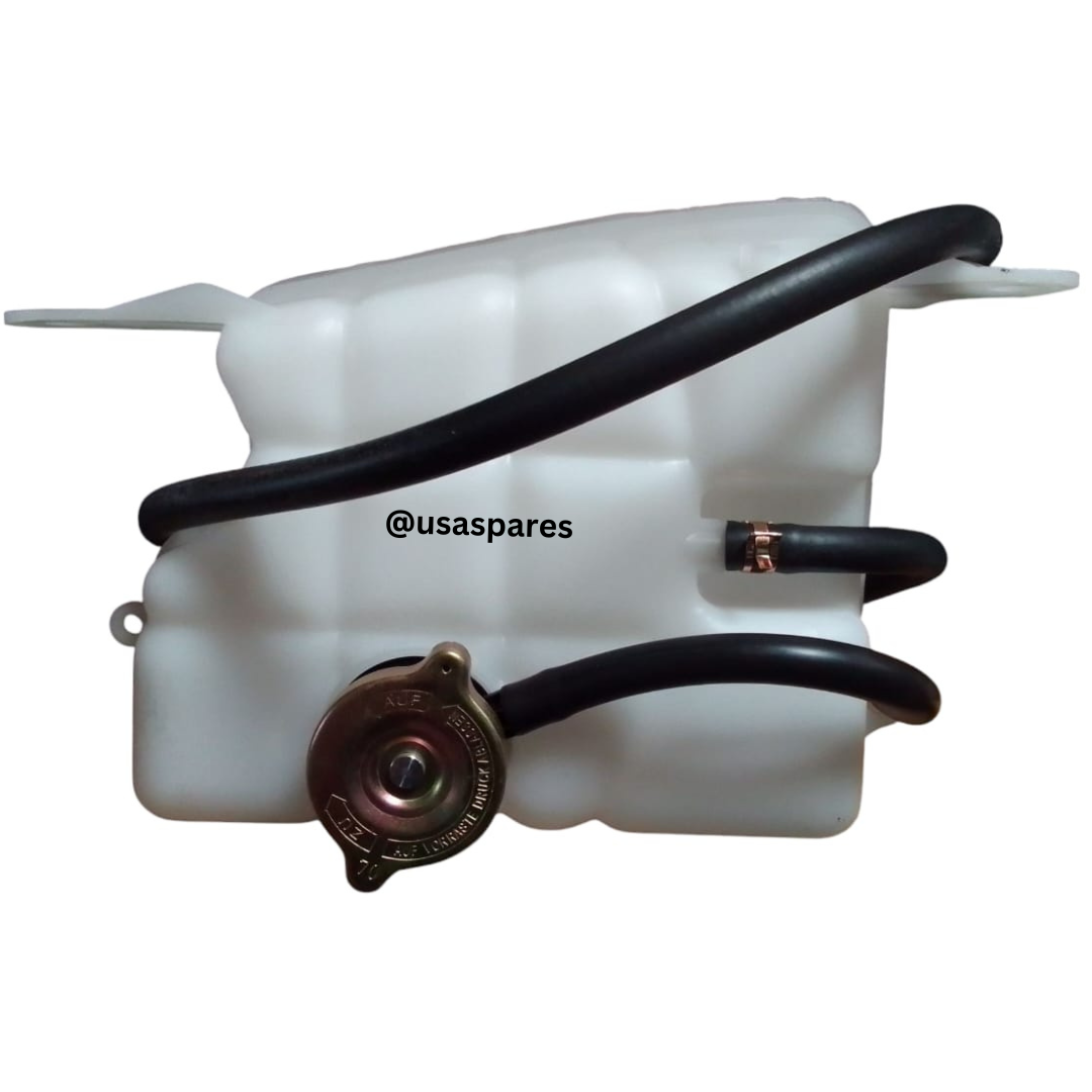 Close-up image of a new Jeep Cherokee 3.7 KJ Expansion Tank, showcasing its durable plastic build, precise fitment points, and coolant hose connections designed for efficient engine cooling performance.