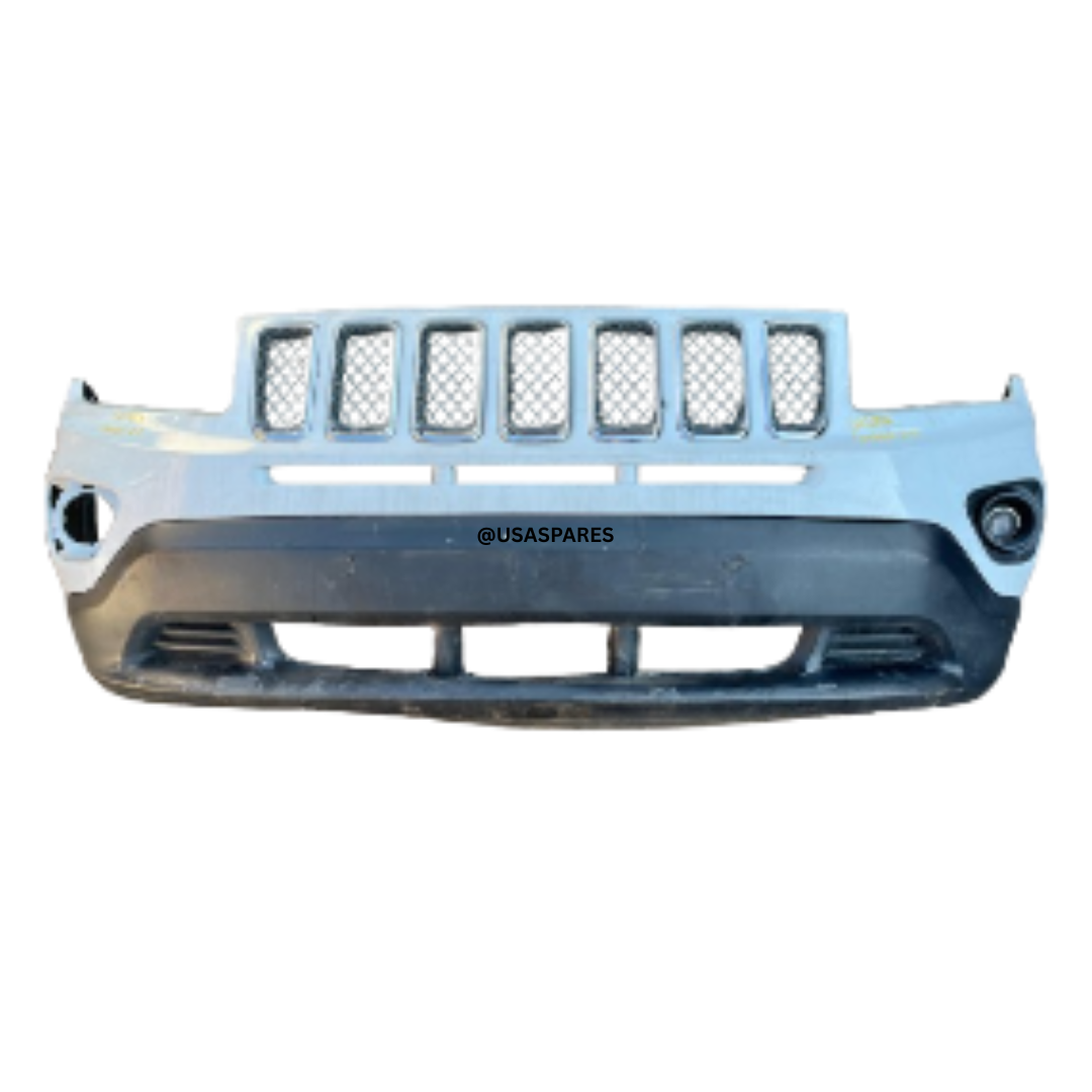 Used Jeep Compass front bumper in good condition, showing OEM design and mounting points, suitable for model years 2007–2023, ready for installation.