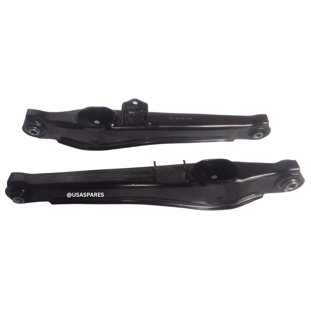 Image of new lower control arms for Dodge Caliber, Jeep Compass, and Jeep Patriot, showing sturdy steel construction and integrated bushings for improved suspension stability.