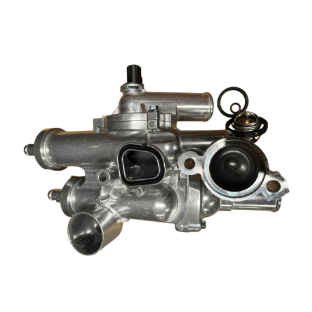 Jeep Compass aluminium thermostat housing, brand-new OEM replacement component designed to house the thermostat and regulate coolant flow within the engine cooling system. Durable aluminium construction provides improved strength, corrosion resistance, and leak prevention compared to standard plastic housings. Direct-fit replacement for Jeep Compass models.
